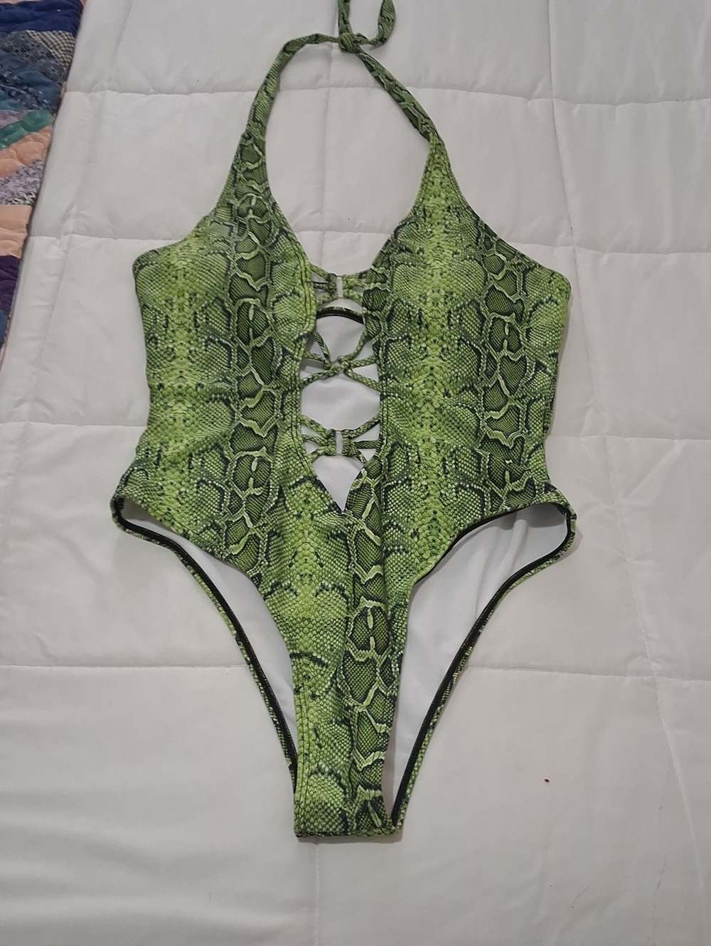 Green Snake-Print Girls' One-Piece Swimsuit - Halter Lace-Up Size Medium